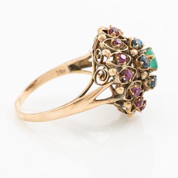 Ring, 18K gold with red, blue, and green synthetic stones.