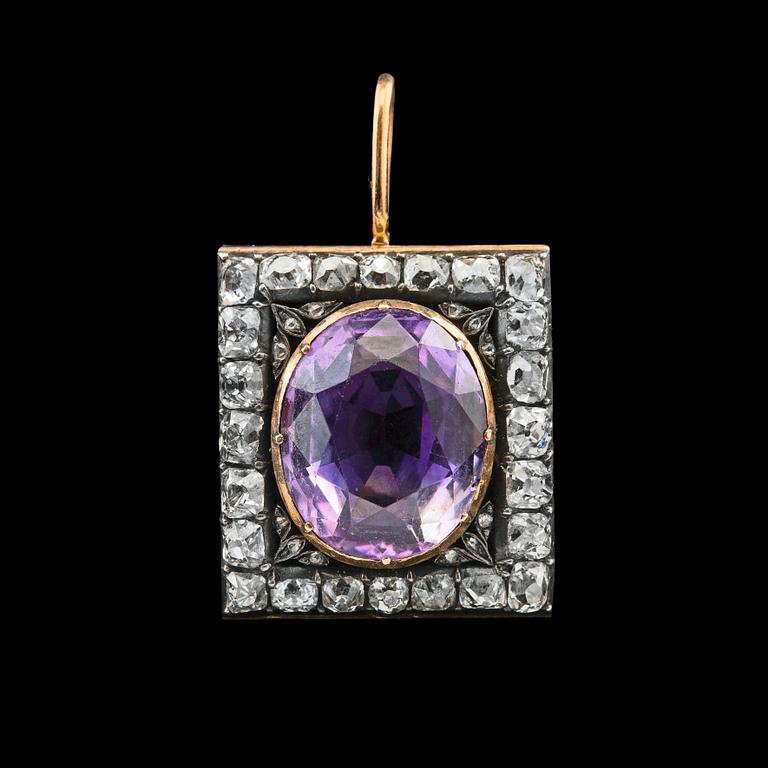 A PENDANT, old cut diamonds c. 3.50 ct I-J/i1. Amethyst c. 7.00 ct. 14 K gold, silver. Weight 6 g.