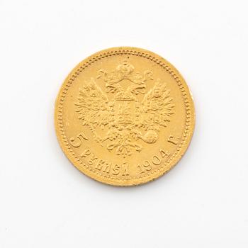 Gold coin, Nicholas II, Russia, 5 Rubles, 1904.