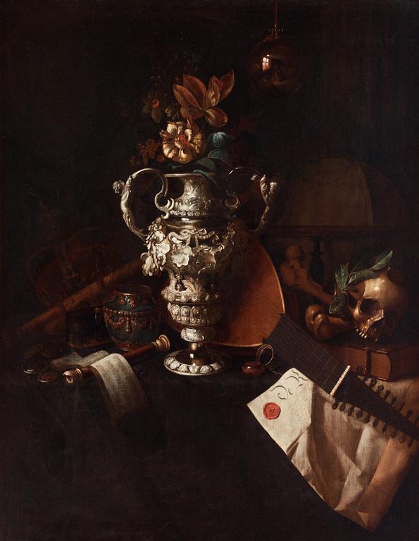 Pieter Gerritsz. van Roestraten, A vanitas still life with regalia, musical instruments, a reflecting imperial orb, a skull and bones and a charter group.