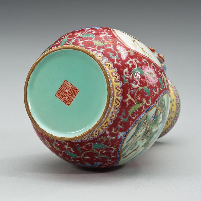 A pink and yellow ground famille rose vase, China, Republic, 20th Century with Qianlong seal mark.