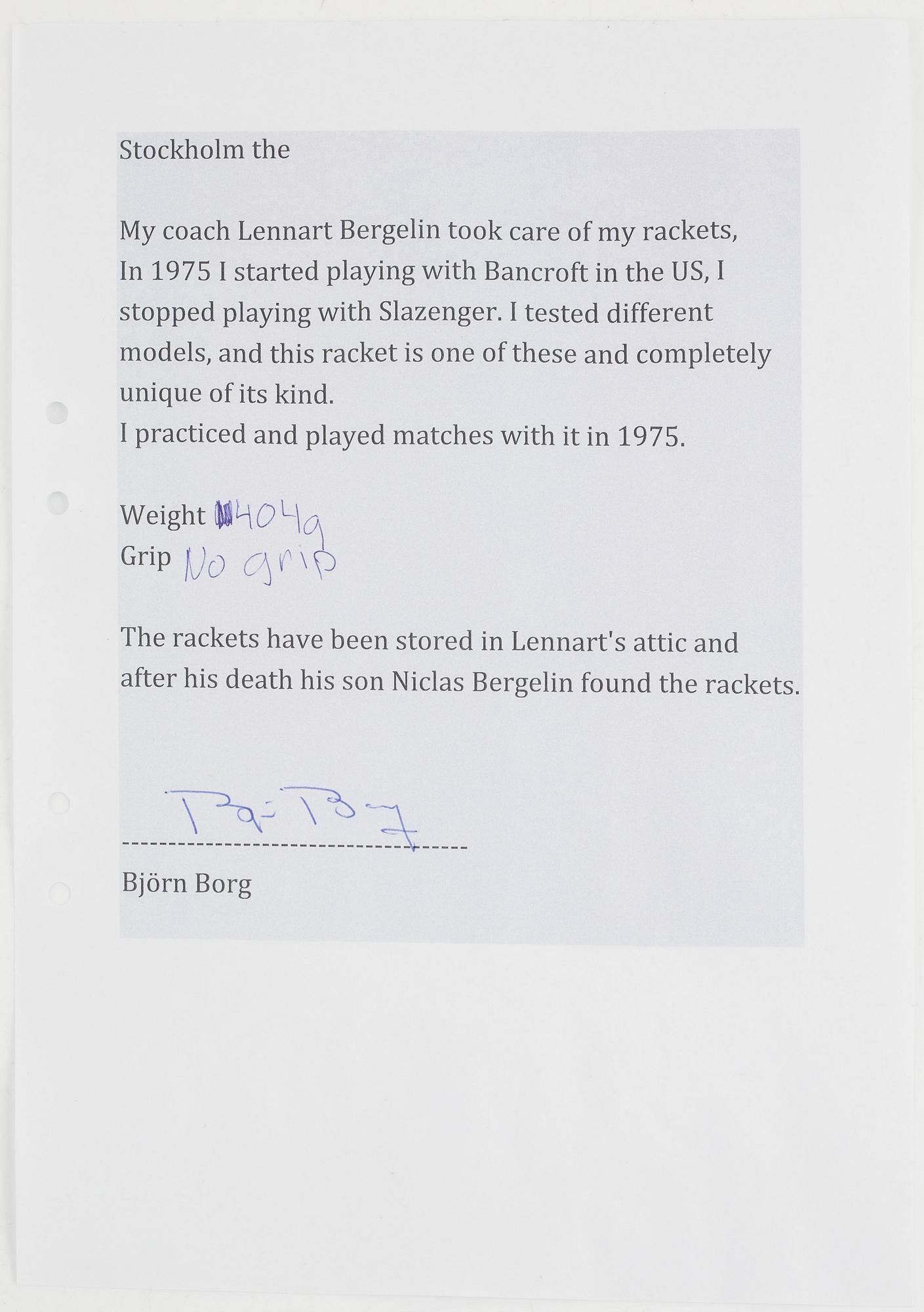 Tennisracket, Bancroft. Signerad Björn Borg, speciellt framtagen, första Bancroft-modellen använd i turneringar.