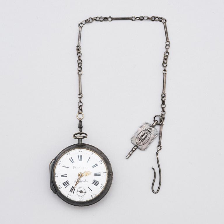 A silver pocket watch, P.N. v. Gedda Stockholm, silver 1772.