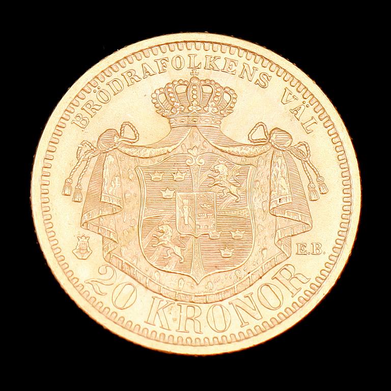 GULDMYNT, 20 kr, Oscar II, 1899. Vikt ca 9 g.