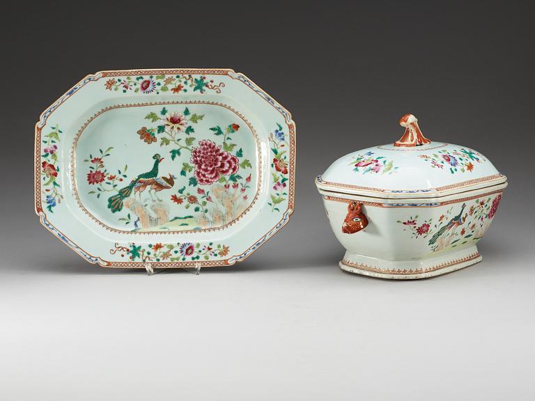 A famille rose 'double peacock' tureen with cover and stand, Qing dynasty, Qianlong (1736-95).