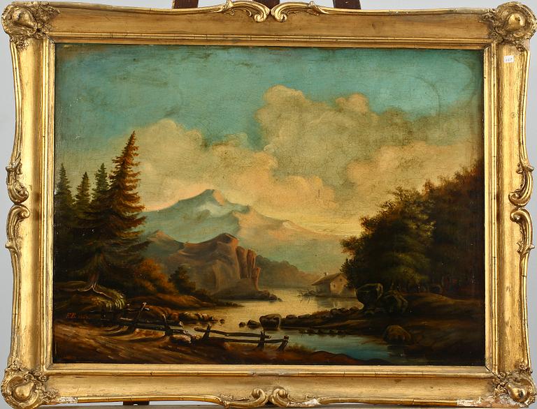 OKÄND KONSTNÄR, olja på pappannå, monogramsign o dat 1864.