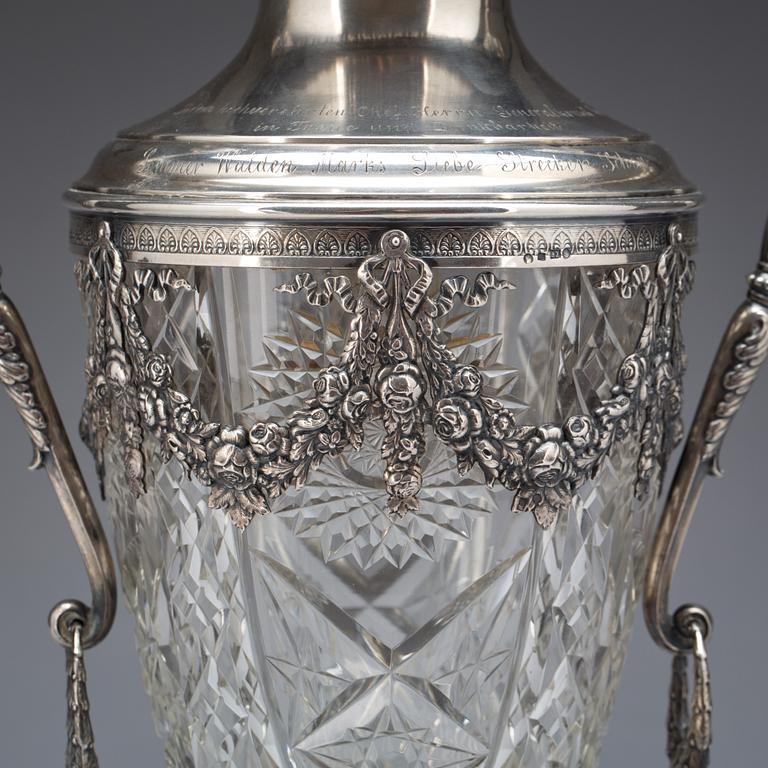 A Russian 20th century silver and glass amphora, marks of Ivan Chlebnikov, Moscow 1908-1917.