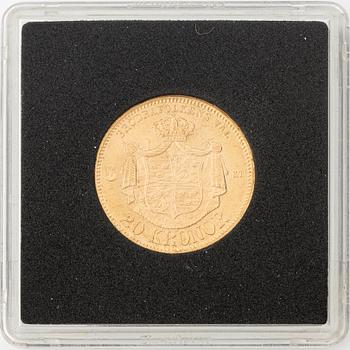 Gold coin, Oscar II, 20 kronor, type I, Sweden 1875.