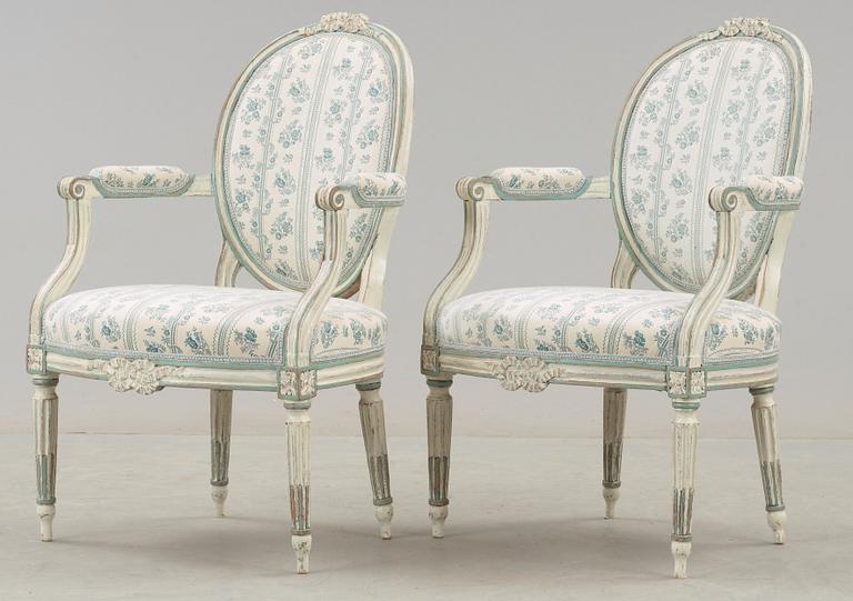 SOFFA, SAMT KARMSTOLAR, ett par. Louis XVI-stil, 1800-tal.