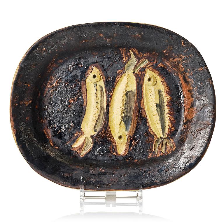 Pablo Picasso, a "Trois Sardines" (A.R. 34), faience dish, Madoura, Vallauris, France, post 1948.