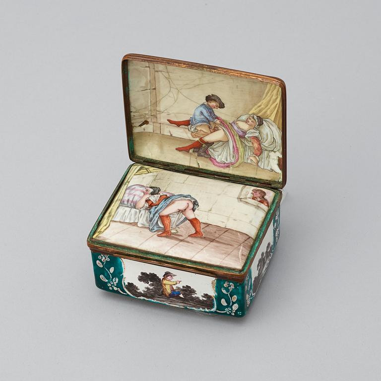 A Rococo 18th century enamel box with two erotic scenes.