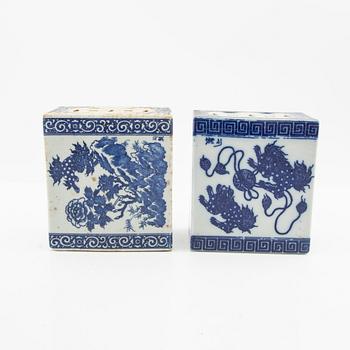 A set of four blue and white pillows, China, 20th century.