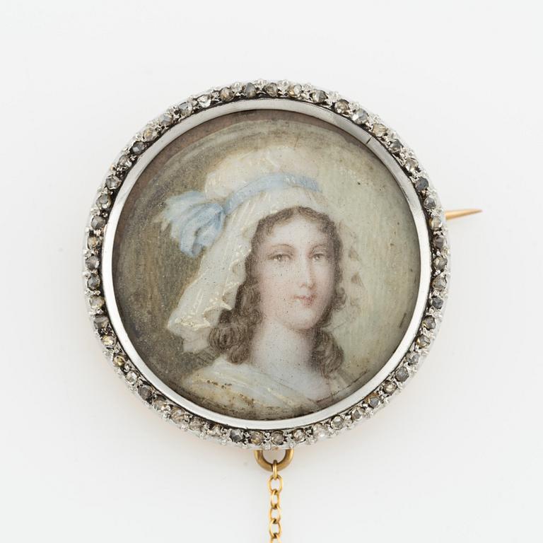 Brooch in gold with miniature portrait, wreath with rose-cut diamonds.