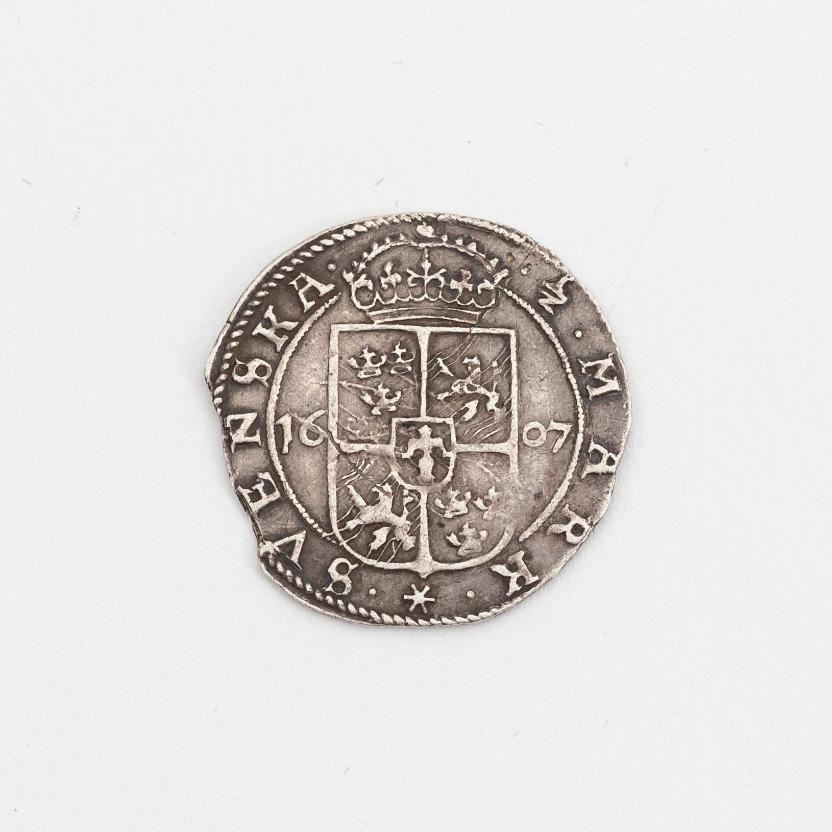 A Swedish silver coin, Charles IX, 1/2 mark, 1607.