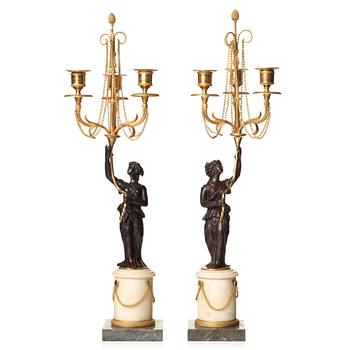 106. A pair of Louis XVI 18th century gilt and patinated bronze and marble three-light candelabra.