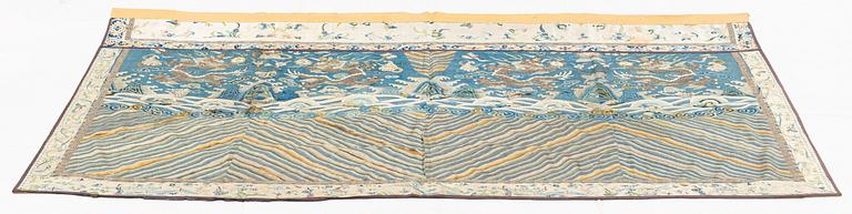 A Chinese five clawed dragon embroidered silk altar cloth, Qing dynasty, 19th century.