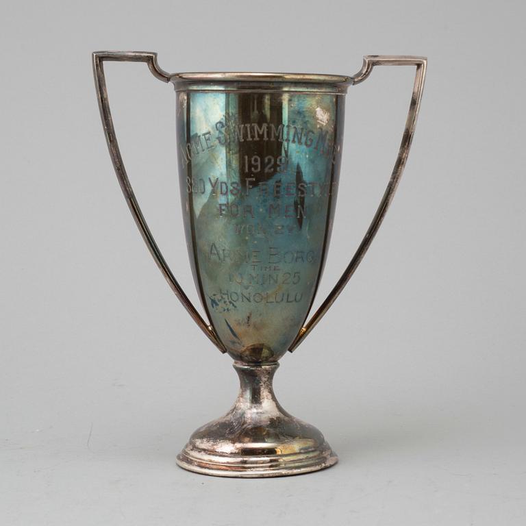 Swedish olympic champion swimmer Arne Borgs victory trophy and medals.