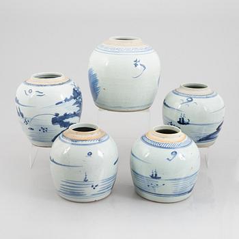 Five blue and white ginger jars, China, Qingdynasty, 19th century.