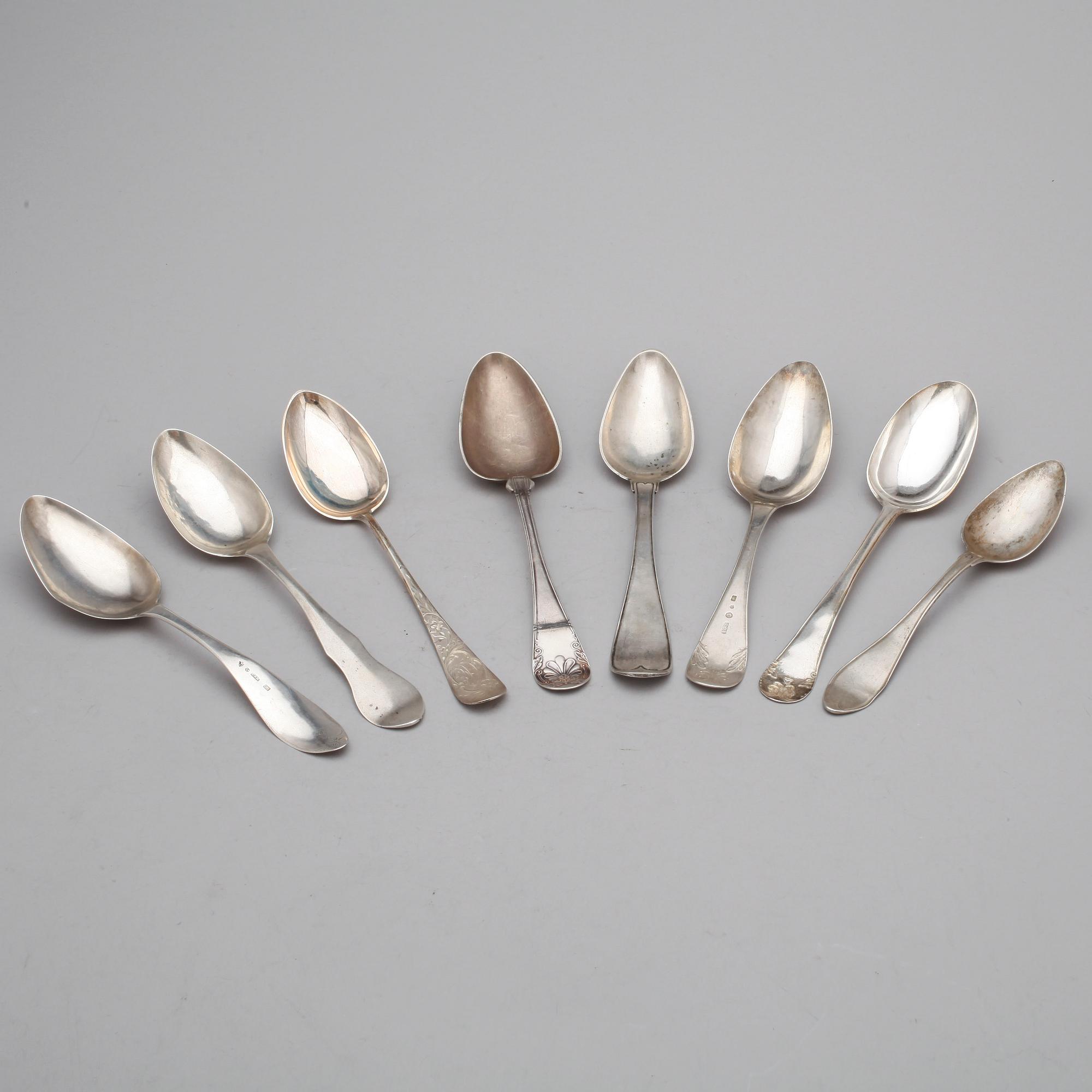 MATSKEDAR, 17 st, silver, bland annat Johan Lindbom, Visby, 1779. 1700-, 1800- samt 1900-tal. Total vikt ca 755 gram.