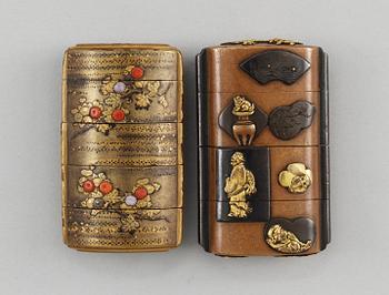 INRO, två stycken, lack och metall. Japan, 1800-talets andra hälft.