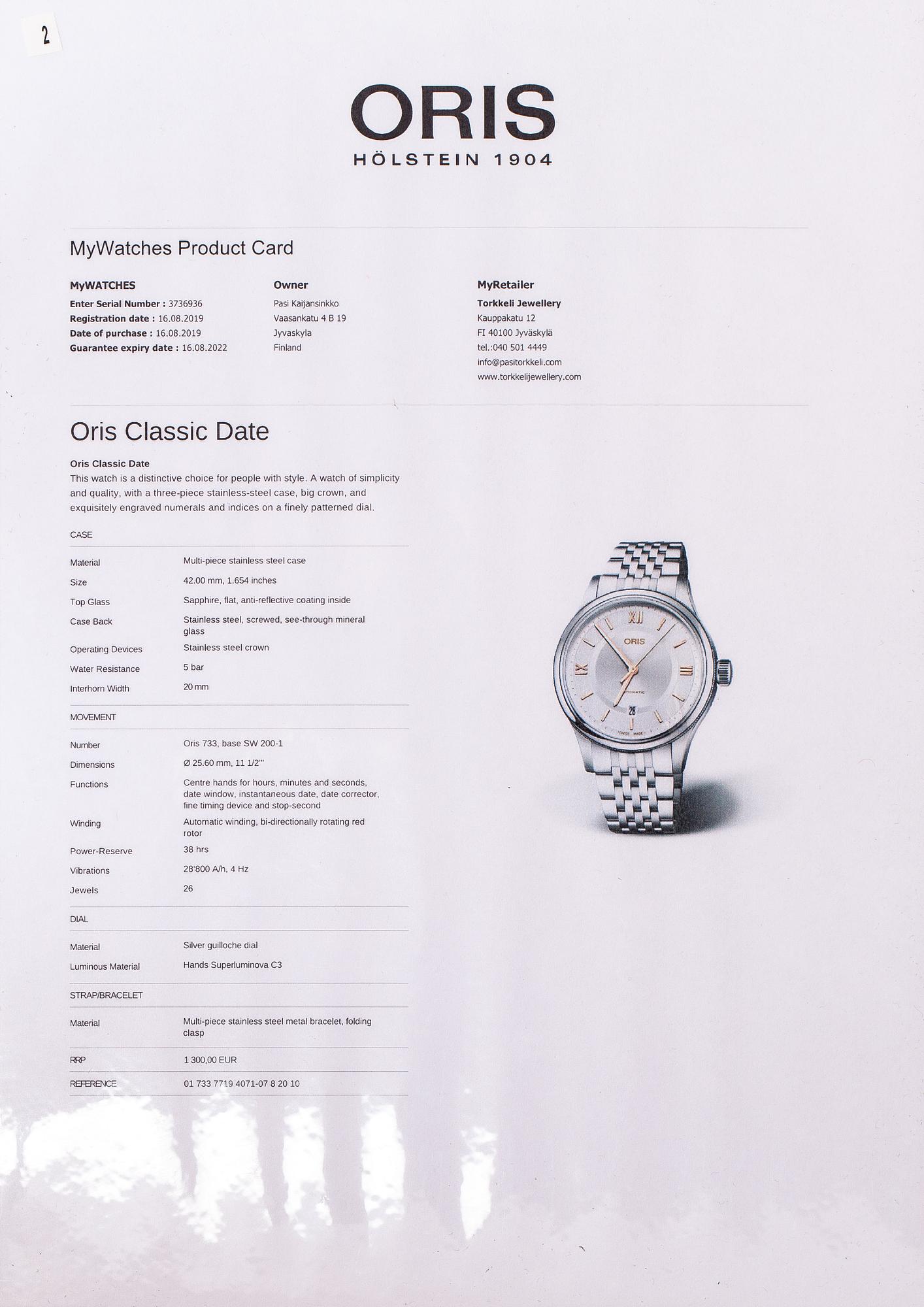Oris, Classic date, rannekello, 42 mm.