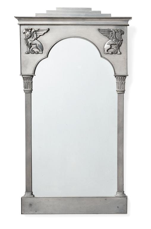 A Swedish Grace pewter framed mirror, signed Hj Bergman.