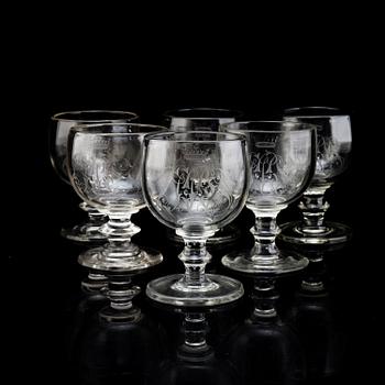 A set of six engraved wine goblets, 19th Century.