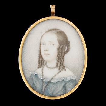 OKÄND KONSTNÄR, miniatyr, gouache, ram 18k guld, smed sannolikt Conrad Thulin, Landskrona (verksam 1822-1855).