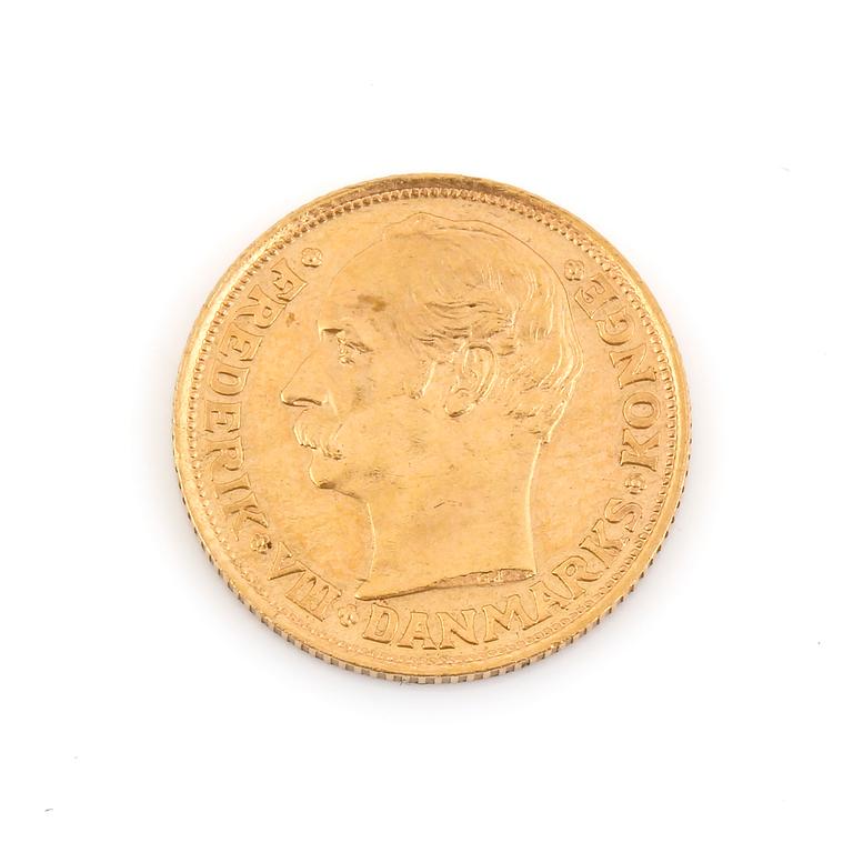 GULDMYNT, 10 kroner, Fredrik VIII, Danmark 1908. Vikt ca 4 gram.