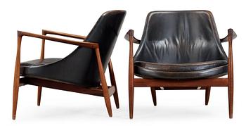 66. A pair of Ib Kofod Larsen palisander and black leather 'Elisabeth' easy chairs, Christensen & Larsen, Denmark 1950-60's.