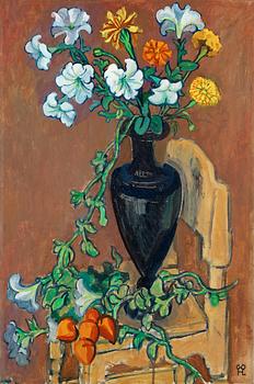 82. Hilding Linnqvist, Blommor i vas på stol.