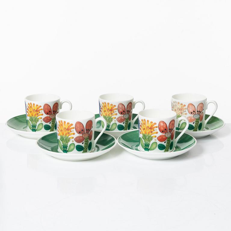 Stig Lindberg, five 'Tahiti' coffee cups with saucers, Gustavsberg.