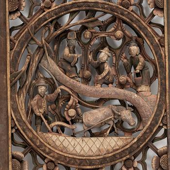 Four carved panels, China, 20th century.