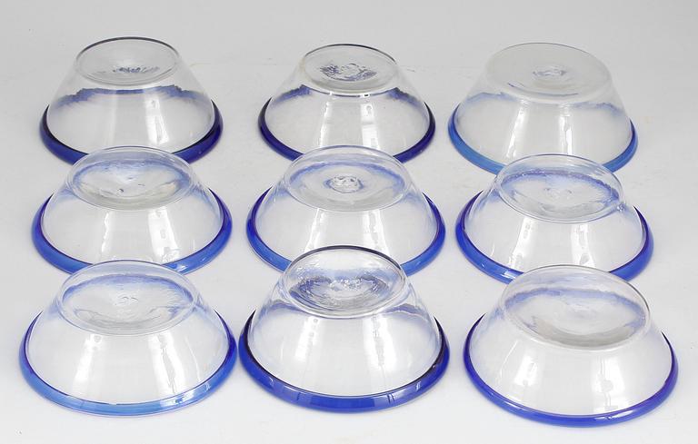 FILBUNKSSKÅLAR, glas, 9 st, 1800-/1900-tal.