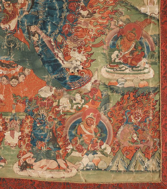 A Tibetan thangka of Vajrabhiarava with Tsongkhapa at the top, 19th Century.