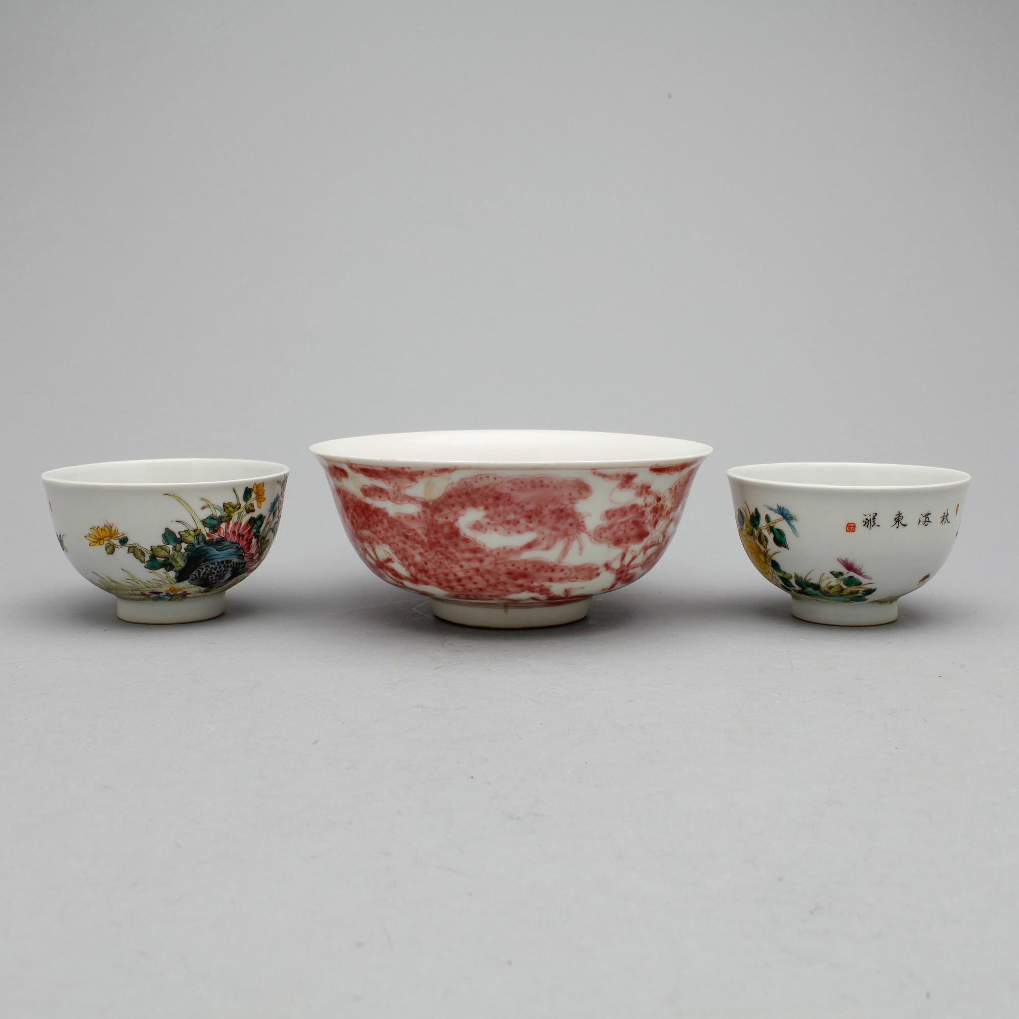 PARTI SKÅLAR, 3st, Kina, sent 1800-tal resp. modern tillverkning.