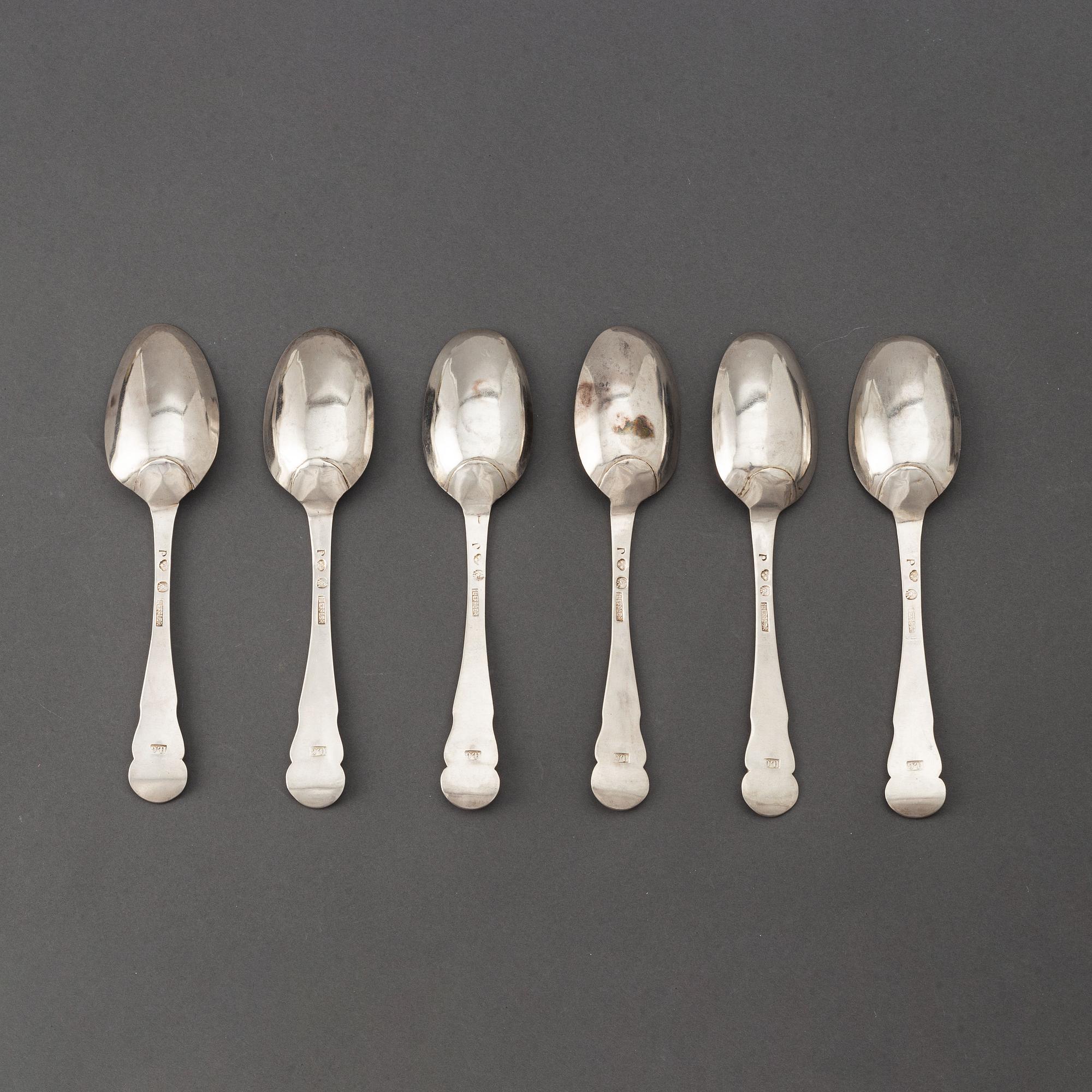 A set of six Swedish 18th century silver dinner-spoons, mark of Johan Leffler, Falun 1773.