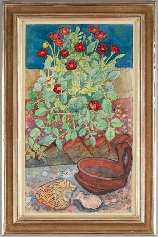 Hilding Linnqvist, Still life with flowers and seashells.