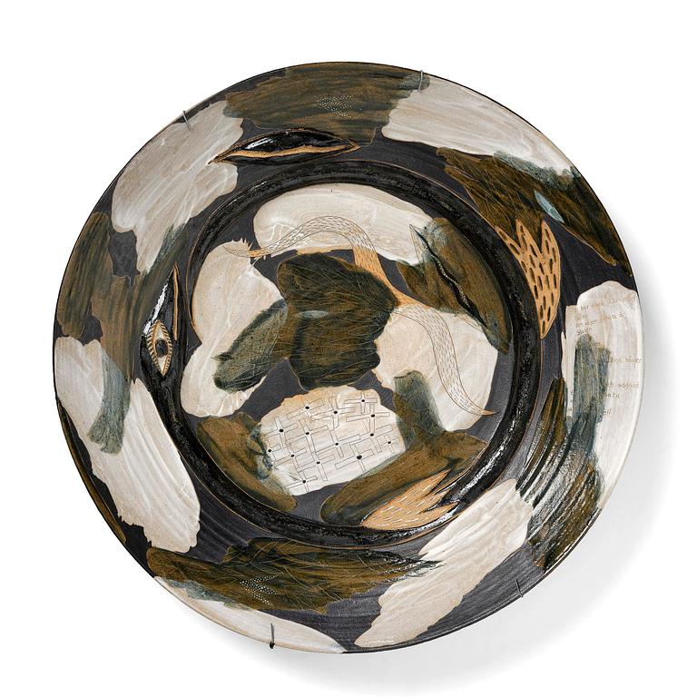 Eva Bengtsson, a large decorative chamotte stoneware dish, own studio, Frillesås, 1990s.