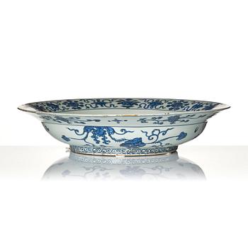 A large blue and white 'deer and pine' charger, Ming dynasty, 16th century.