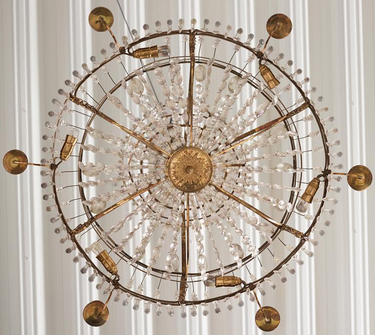 A late Gustavian gilt brass and cut glass seven-light chandelier, Stockholm, late 18th century.
