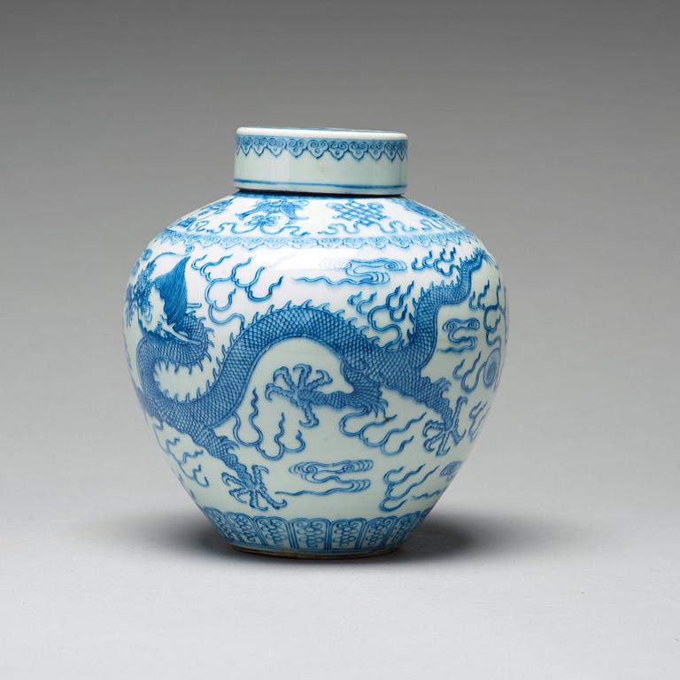 A Chinese blue and white five-clawed dragon jar with cover, Republic period, 20th Century.