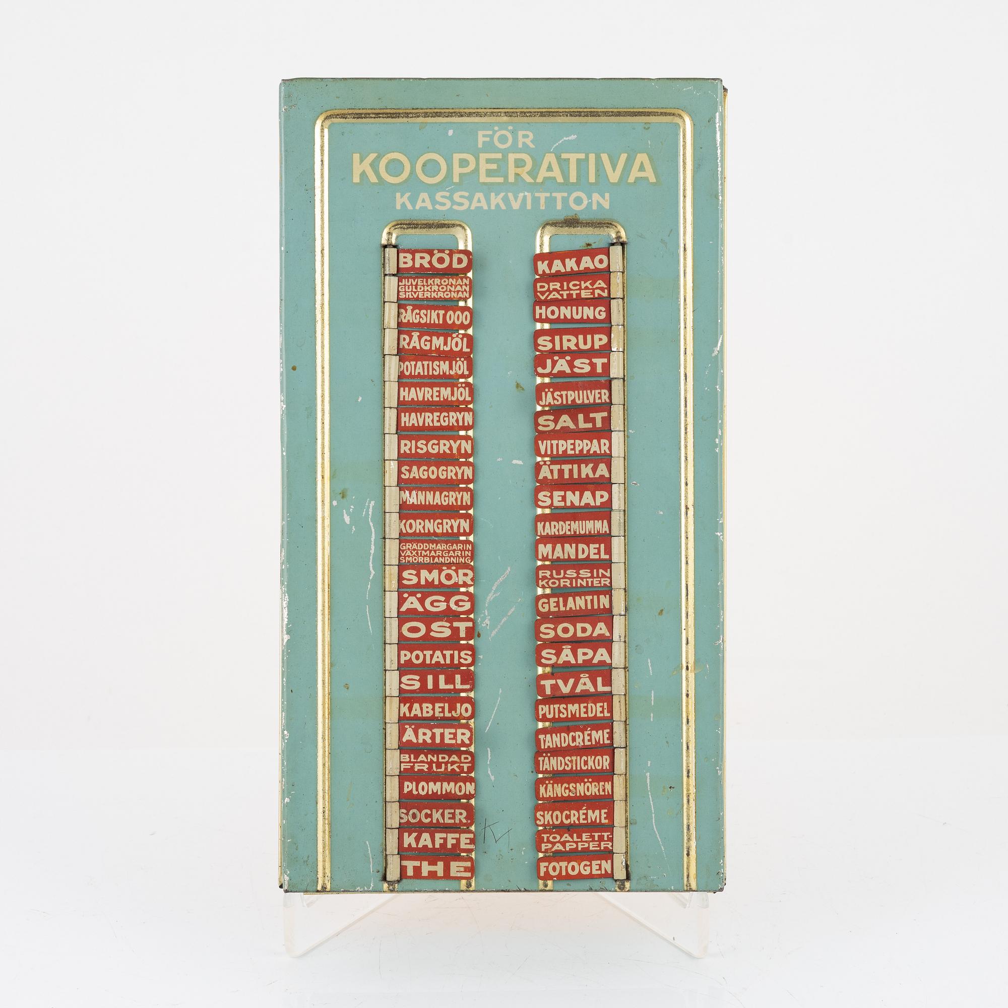 A metal shopping list from  Kooperativa förbundet, AB Hugo Brusewitz Bleckvarufabrik, Gothenburg, 1930's/40's.