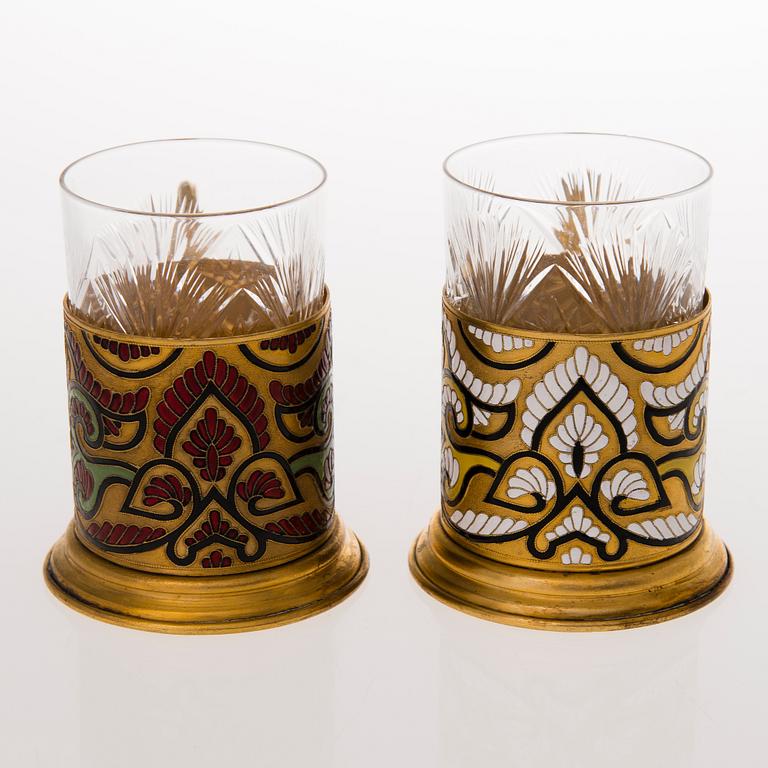 Six Russian tea glass holders, silver, metal and enamel, latter half of the 20th century.