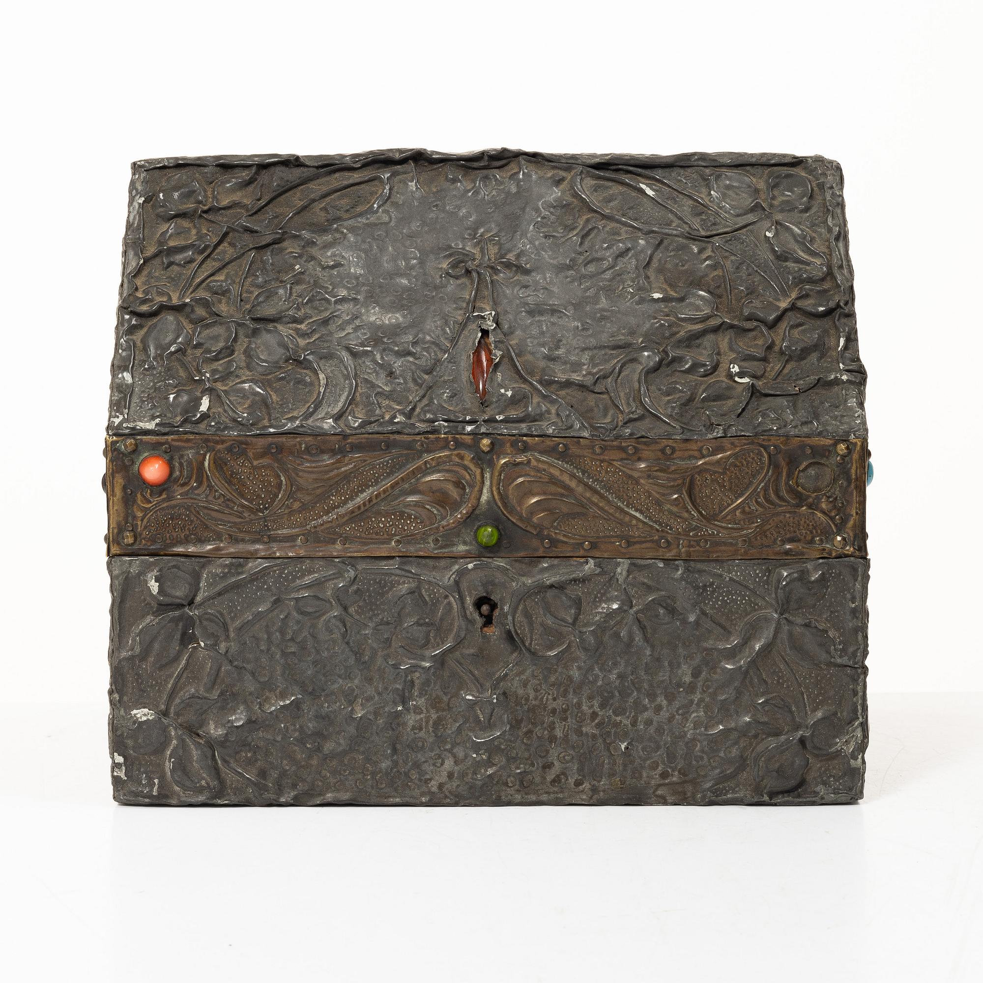 A pewter and copper jewellery box,  with inlaid stones, France, probably circa 1900.