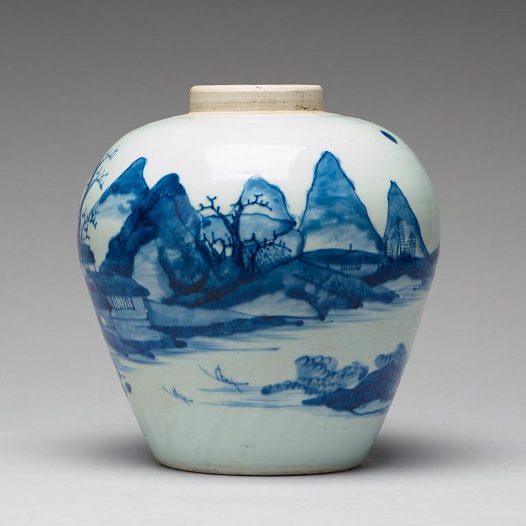 A blue and white Transitional jar, 17th Century.