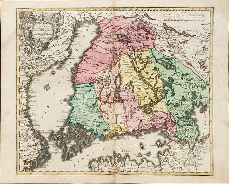 TOBIAS CONRAD LOTTER, handkolorerad kopparstick, karta. "Finlandia" ur Novus Atlas 1770.