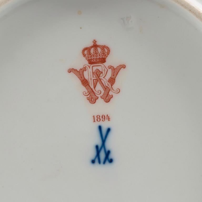 A pair of Meissen dinner plates, "Scattered flowers" with Kaiser Wilhelm II's monogram, dated 1894 and 1897.