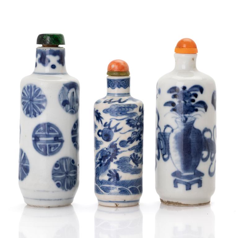 Snuff bottles, 3, porcelain, China, early 20th century.