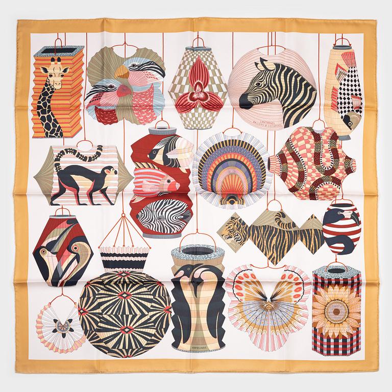 Hermès, a 'Lanternes, Ballons et Cocardes' twill silk scarf.